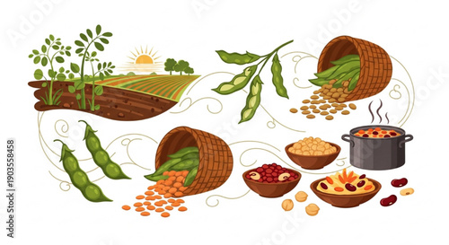 Pulse Plant Lifecycle from Farm to Table with Harvest and Cooking Vector Illustration