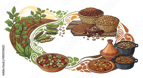 Pulse Plant Lifecycle from Farm to Table with Harvest and Cooking Vector Illustration