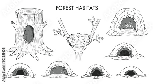 Black and White Hand Drawn Animal Habitats Collection Illustration with Tree Stump, Bird Nest, Burrows, and 'FOREST HABITATS' Text. isolated PNG with Transparent Background