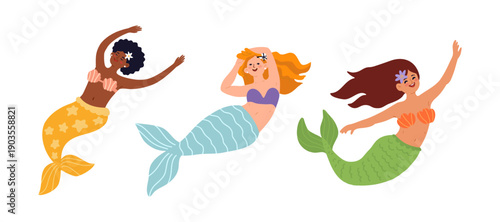 Mermaids Underwater Fantasy Illustration With Three Smiling Girls Swimming Together In Colorful Ocean Scene