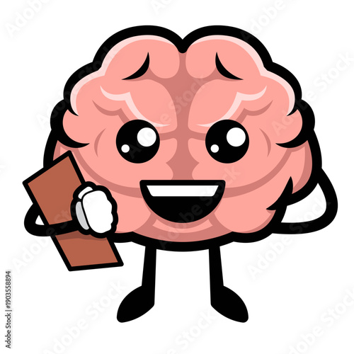 A cartoon brain character holds a book and smiles happily indoors.