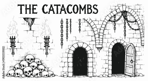 Hand Drawn 'THE CATACOMBS' Illustration with Skulls, Torches, Arched Doorways, and Chains. isolated PNG with Transparent Background