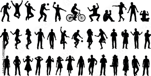 People activity silhouette collection showing walking, dancing, jumping, cycling, sports and lifestyle actions, diverse human poses set, black figures isolated on white background
