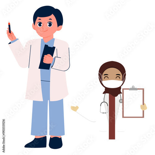 Two medical professionals discussing health with a clipboard and stethoscope