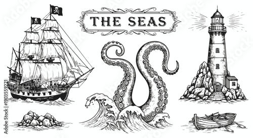 Isolated Vintage Engraving Style Nautical Elements Set: Pirate Ship, Kraken, Lighthouse, Rowboat, and 'THE SEAS' Banner. isolated PNG with Transparent Background