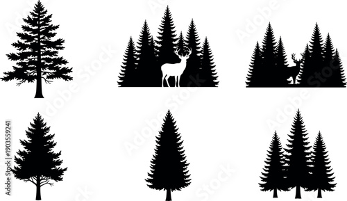 Pine forest silhouette set with evergreen trees and deer scenes, wilderness nature landscape icons in black and white vector style illustration collection