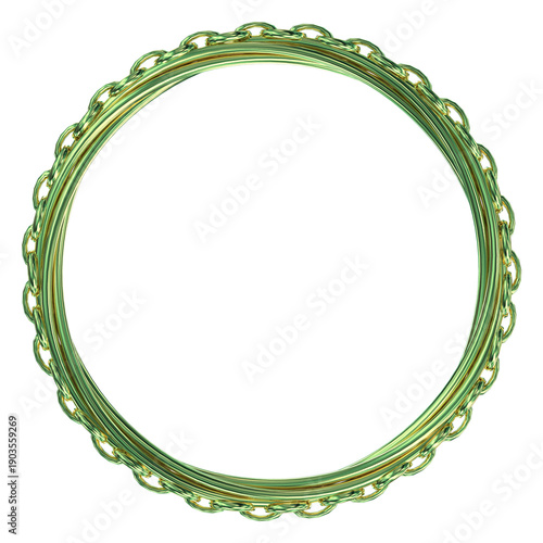 A sophisticated 3D rendered circular frame of glowing golden-green metallic chains and wires isolated on a black background