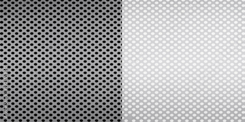 Seamless industrial metal grid pattern featuring a black and white textured steel mesh design with perforated silver chrome holes and metallic aluminum circular details for a gray carbon wallpaper bac