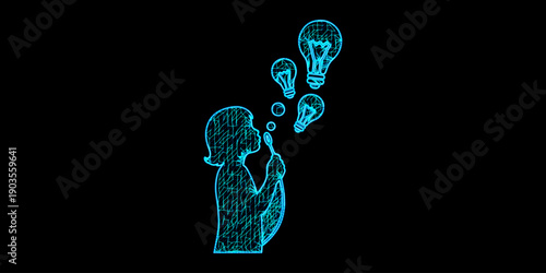 Creative Innovation Concept with Child Blowing Bubbles Turning into Lightbulbs in Blue Digital Mesh Wireframe Style for Inspiration and Idea Generation