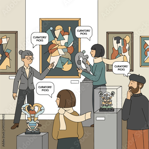 A group of people admiring art pieces in an exhibition