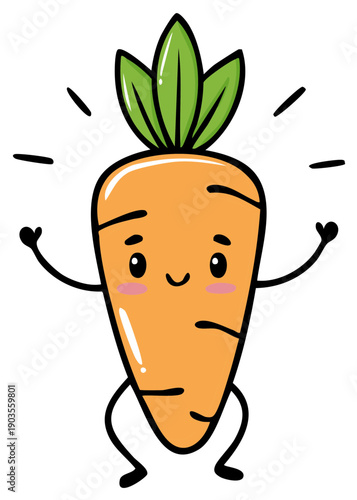 Cheerful orange cartoon carrot illustration dancing playfully with a smiling face