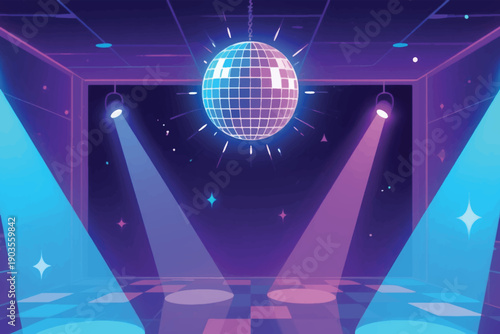 Retro disco room with glowing disco ball, colorful spotlights, checkered dance floor, and vibrant party atmosphere.