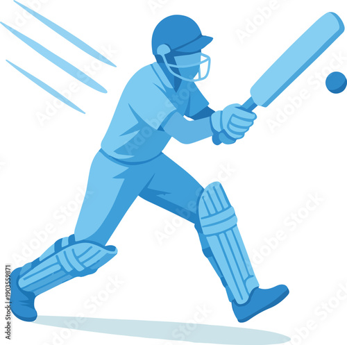 Cricket batsman swinging bat at ball on white background