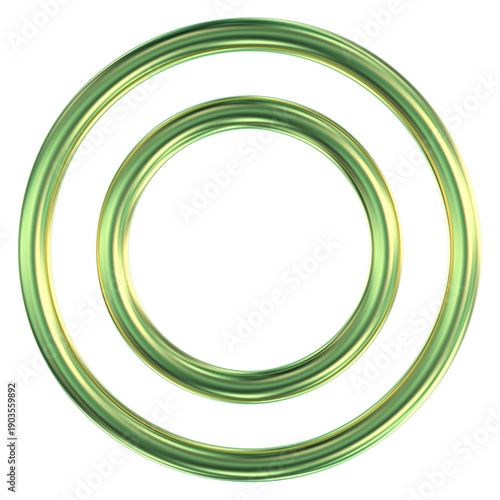 Glowing neon green concentric abstract rings rendered in 3D, shimmering liquid metal tubes on a pure black background