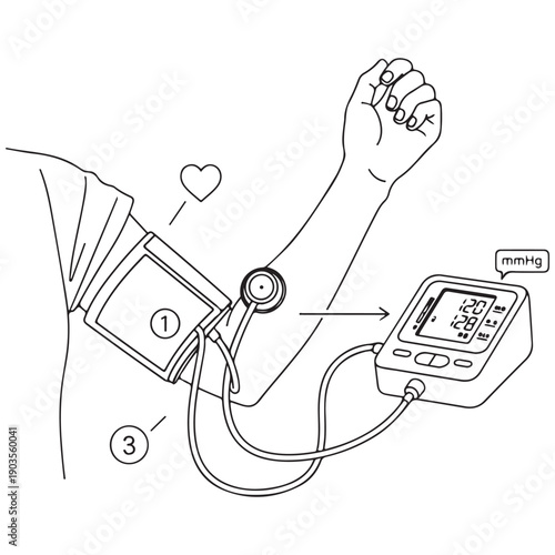 Line art illustration of a blood pressure measurement procedure showing a digital tonometer connected to an arm cuff and stethoscope for monitoring cardiovascular health in a minimalist style.