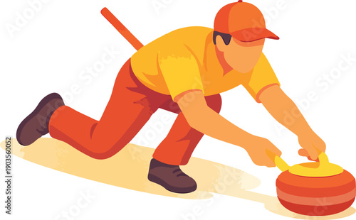 Curling player sliding with a stone on ice sport game