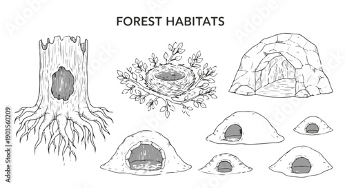 Hand Drawn Forest Habitats Illustration 'FOREST HABITATS' with Tree Stump, Bird Nest, Cave, and Animal Burrows isolated PNG with Transparent Background