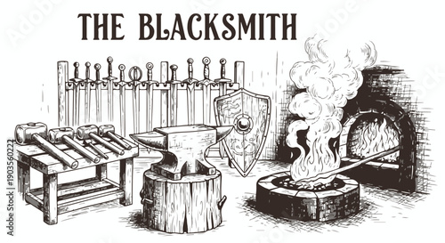 Vintage Hand Drawn Blacksmith Workshop Illustration with Anvil, Forge, Hammers, Swords and 'THE BLACKSMITH' Text isolated PNG with Transparent Background