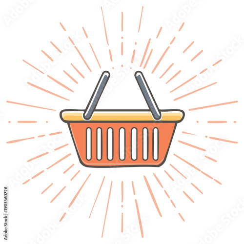 Vibrant orange shopping basket icon with radiating burst lines symbolizing sales and purchases
