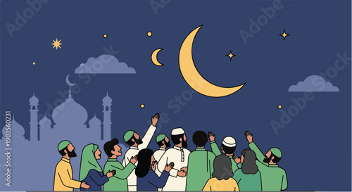 Group of diverse people looking up intently at the large crescent moon and stars signaling the start of Ramadan or Eid on transparent background