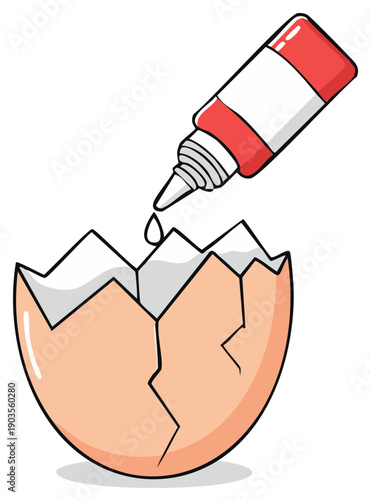 Cracked eggshell and a bottle pouring a drop, cartoon illustration.