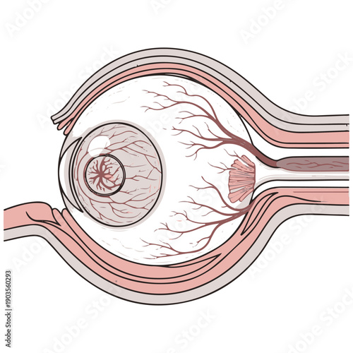 Detailed cross-section of the human eye anatomy illustrating internal structures like the retina, optic nerve, and lens for medical education and ophthalmology studies in a clean style.
