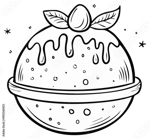 Festive Christmas pudding with dripping glaze and holly garnish black and white line art for coloring