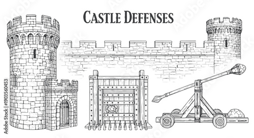 Medieval Castle Defenses Hand Drawn Sketch Illustration Set with Catapult, Tower, Wall, and Gate isolated PNG with Transparent Background