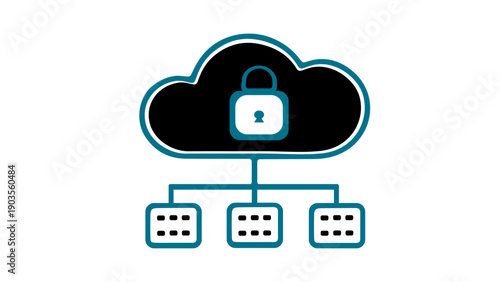 Secure Cloud Computing Network Icon with Lock – Data Protection, Cybersecurity Cloud Storage, Encrypted Server Connection Vector Illustration
