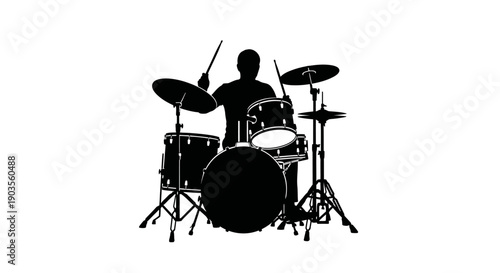 Black silhouette of a drummer playing a full drum kit with sticks on a white background, depicting musical performance and rhythm.