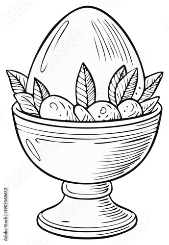 Elegant drawing of an egg in a pedestal bowl with leaf and fruit accents