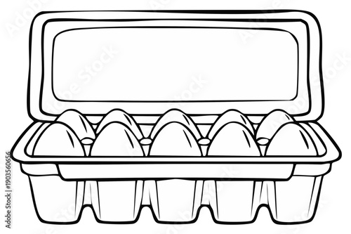 Open egg carton with six eggs line art for cooking or grocery shopping illustration