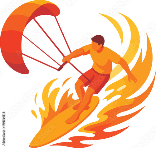 Kitesurfer Riding Wave with Fiery Trails Keywords: kitesurfing, kiteboarding, sport, water sport