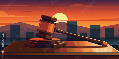 The gavel on the courtroom table during a legal proceeding at sunset.
