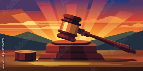 The gavel on the courtroom table during a legal proceeding at sunset.
