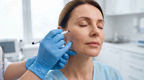 Cosmetic surgeon marking face for surgery, perfect for plastic surgery clinic websites, aesthetic medicine brochures, dermatology training materials, and professional medical blogs