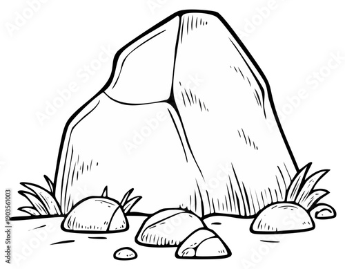 Illustration of a cartoon rock formation with grass and loose stones in black outline