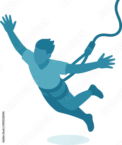 Man bungee jumping with arms outstretched on white background