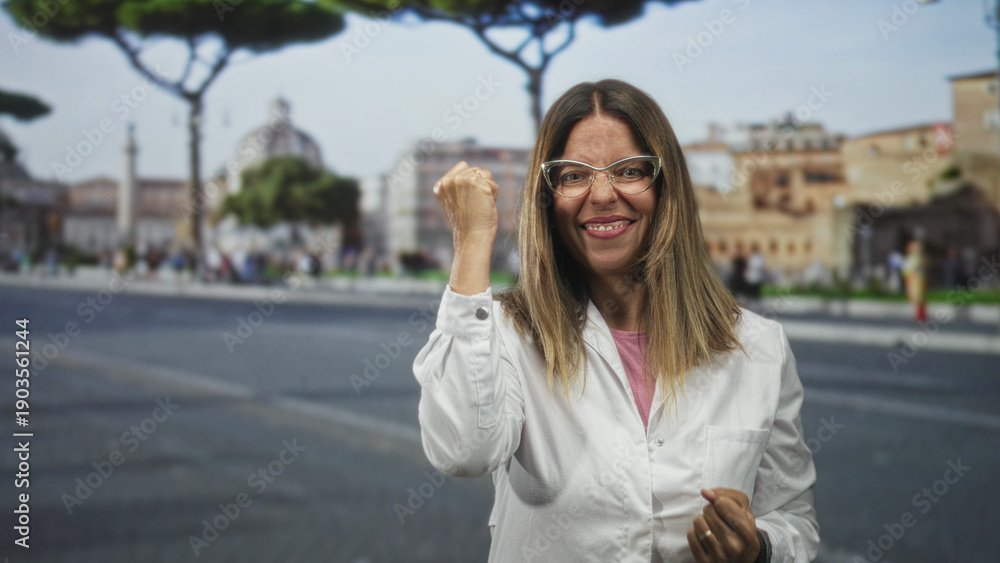 Fototapeta premium Woman doctor in labcoat, middleaged hispanic, clenches fist on a busy street piazza while smiling and wearing glasses and a ring; confidence victory.