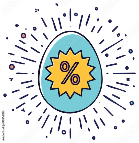 Cartoon egg with percent symbol with starburst effect for sales and promotion