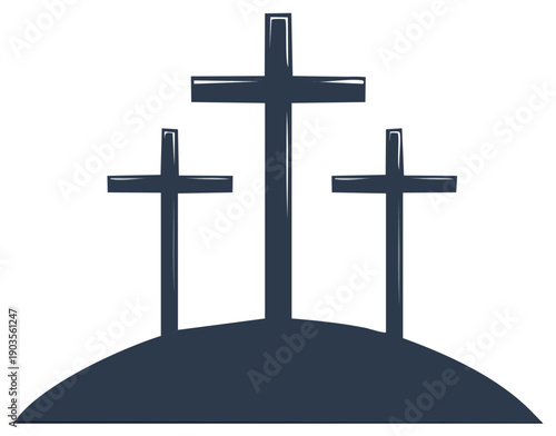 Three crosses stand silhouetted on a hill offering symbol of faith hope and salvation in simple line art