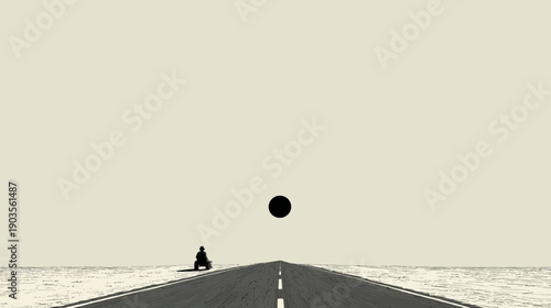 Solitary motorcycle journey on a desolate desert road under a mysterious floating black sphere, minimalist surreal art concept