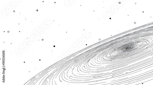 Stylized Spiral Galaxy in Outer Space. Abstract Line Art Illustration of Cosmic Universe. Black and White Astronomy Concept Background.
