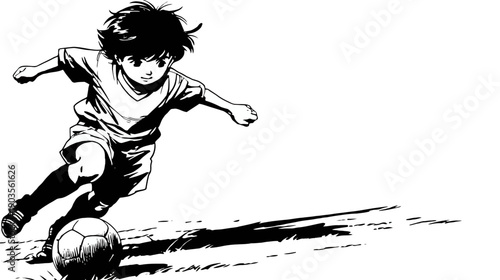 Energetic illustration of a young boy playing soccer, dribbling a football with speed and determination in black and white