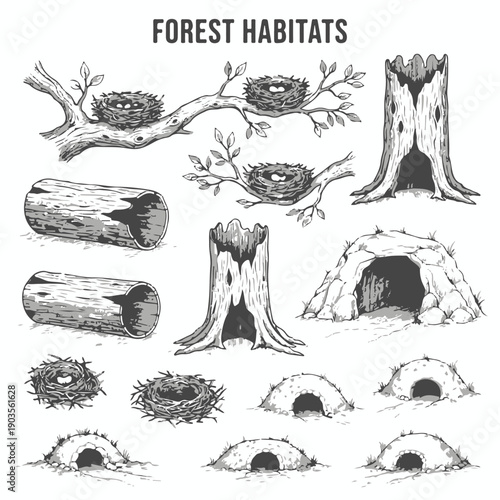 Hand Drawn 'FOREST HABITATS' Illustration Collection with Nests, Logs, Stumps, and Burrows isolated PNG with Transparent Background