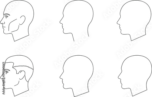 Human head profile outline icons set showing male face silhouettes minimal black line vector illustration collection design anatomy