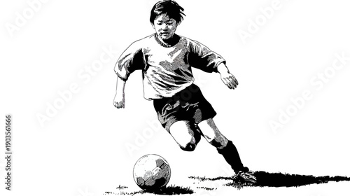 Dynamic black and white illustration of a young child playing soccer, dribbling the ball with energy and focus, youth sports action.