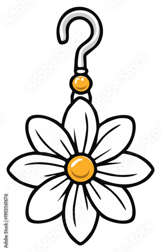 Abstract drawing of an earring with a question mark hook and flower pendant in a bold design.