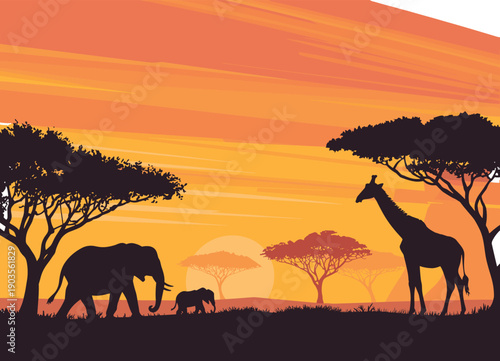 African savanna sunset landscape with silhouettes of elephant giraffe and acacia trees for wildlife safari nature adventure and travel background,