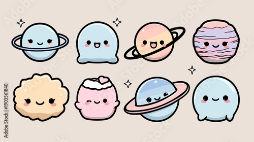 Set of Happy Kawaii Planets and Cute Celestial Objects Vector Icons. Adorable Cartoon Space-themed Graphics for Kids Design.
